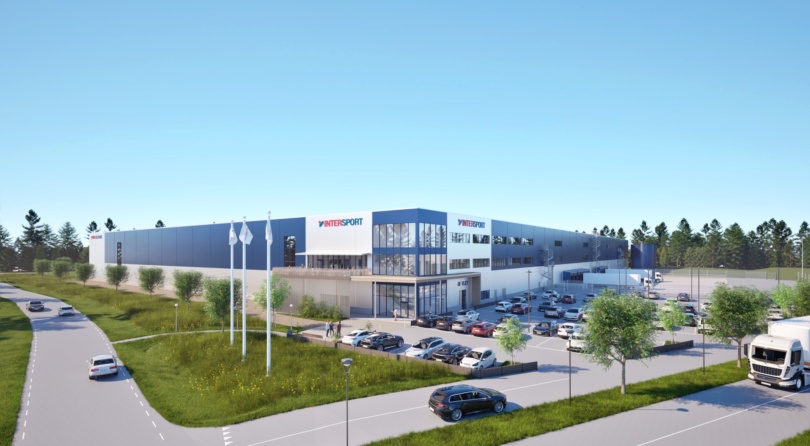 Illustration av Intersports lager, kontor och outlet med parkering och grönytor i Forserum.