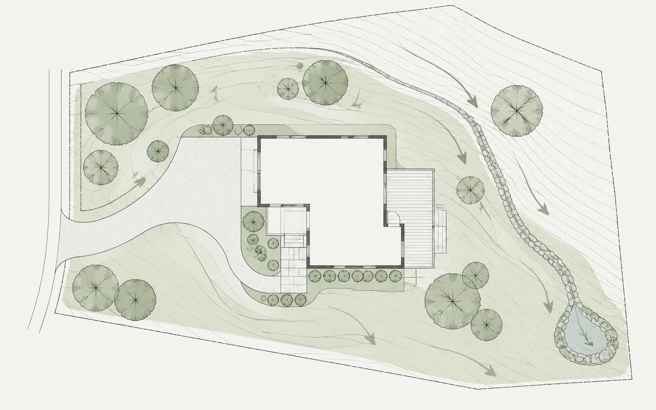 Schematisk illustration av markprojektering med höjder och dagvatten