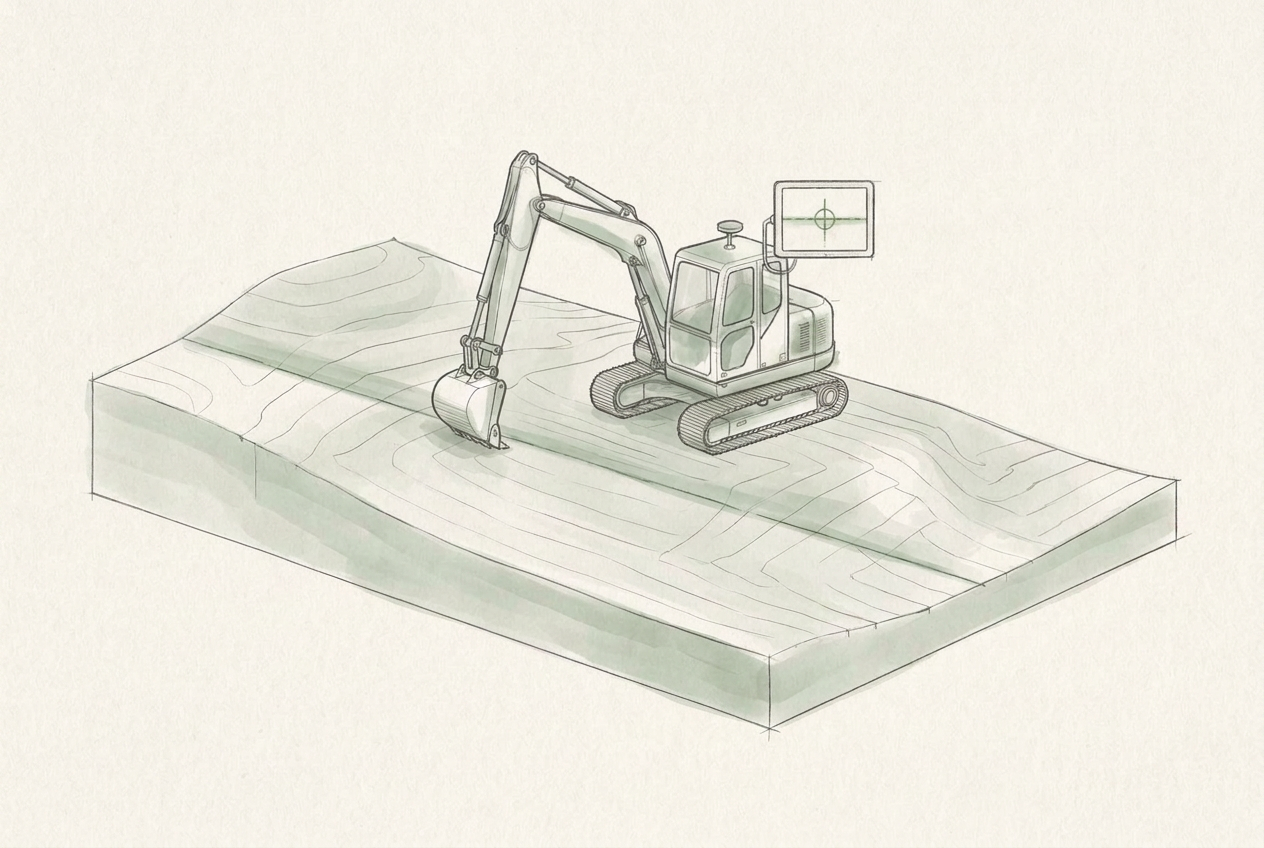 Schematisk illustration av maskinstyrning med grävmaskin och styrskärm