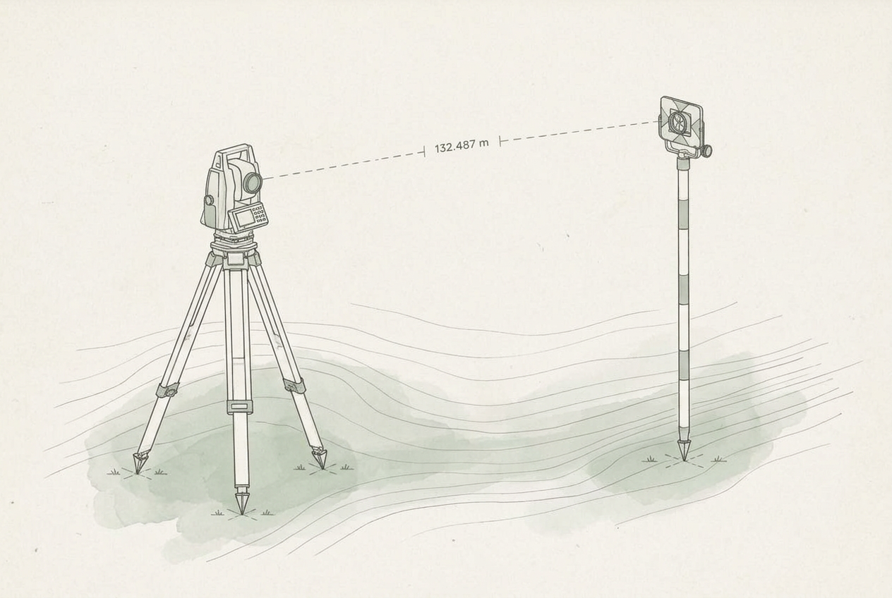 Schematisk illustration av totalstation och prisma vid mätning