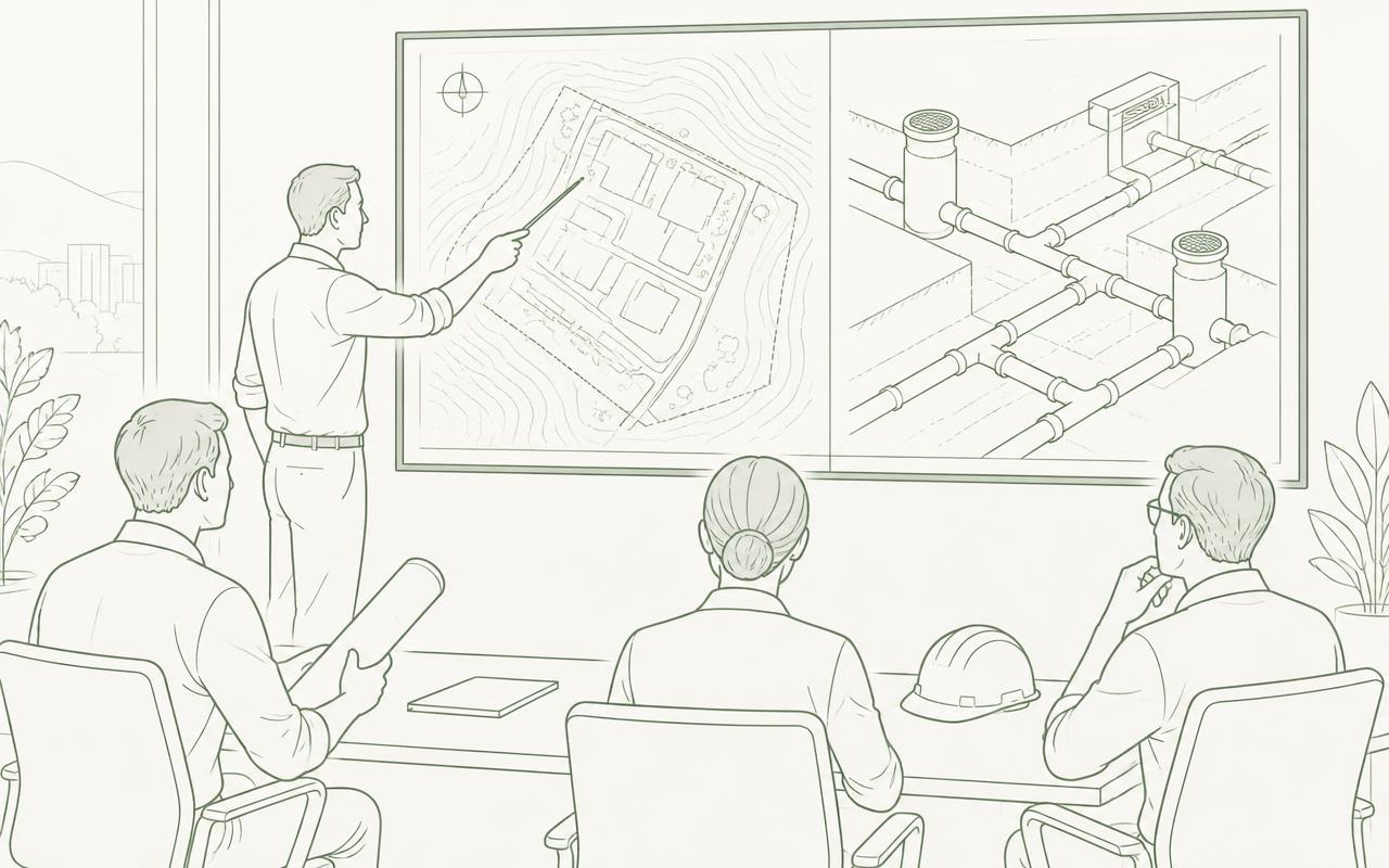 Schematisk illustration av utbildning med instruktör som visar plan och ledningsschema
