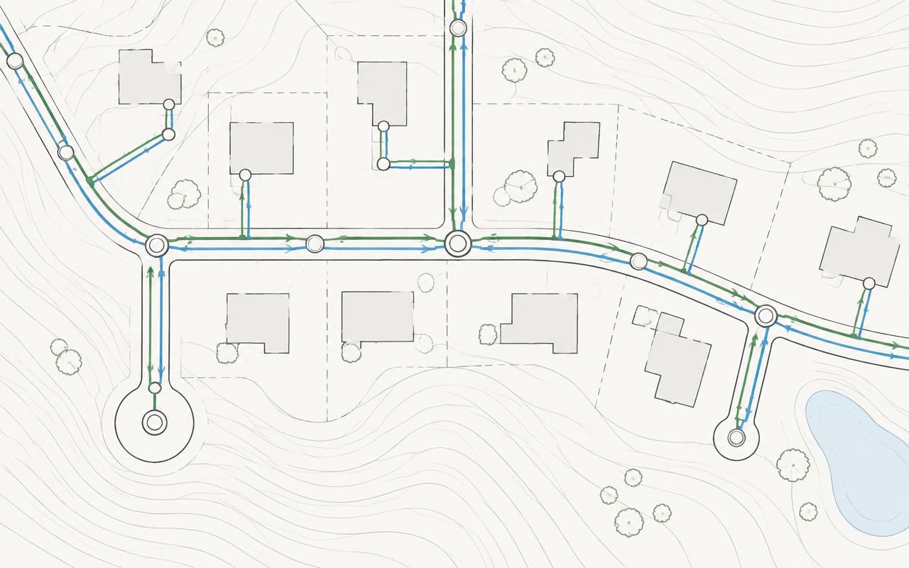 Schematisk illustration av VA-ledningar, brunnar och flödesriktning